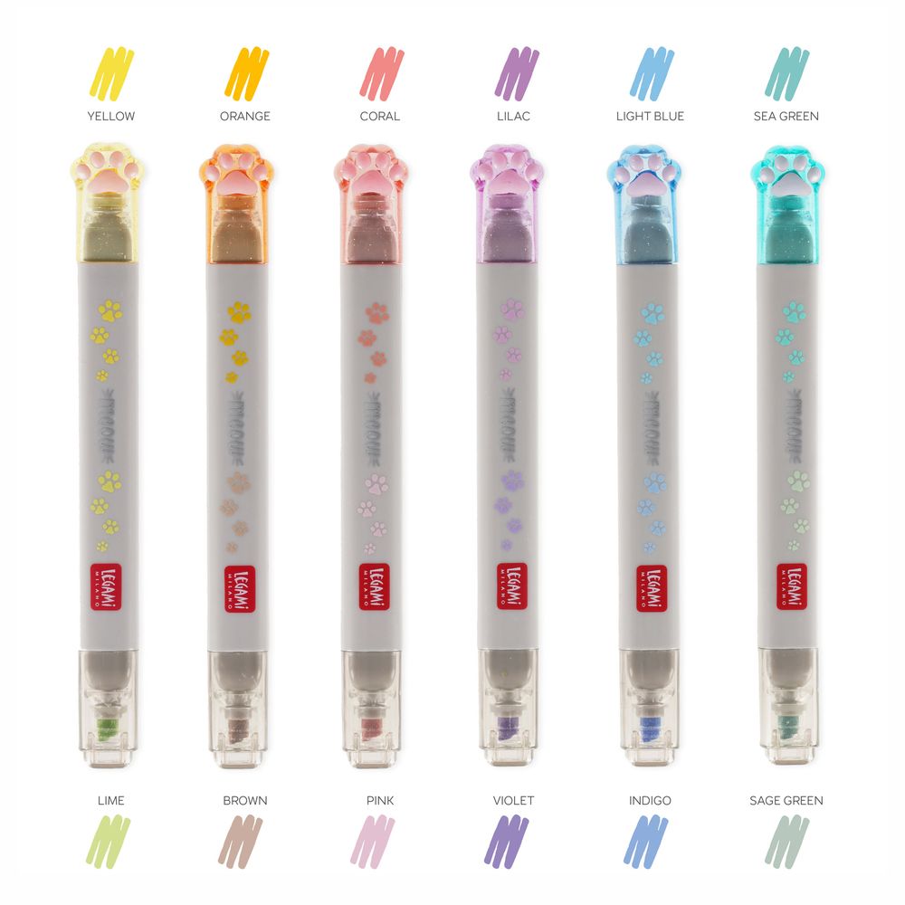 Legami 6 Dual-Tip Pastel Highlighters - Meow - Kitty