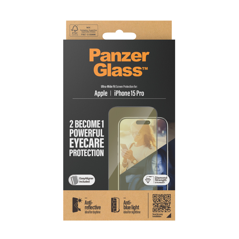 PanzerGlass Screen Protector for iPhone 15 Pro - UWF - Anti-Reflective & Bluelight