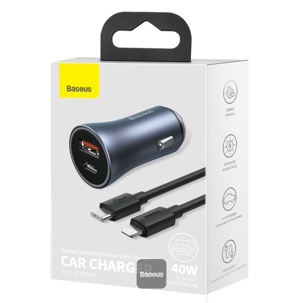Baseus Golden Contactor Max Dual Fast Charger Car Charger USB-A + USB-C 60W - Blue